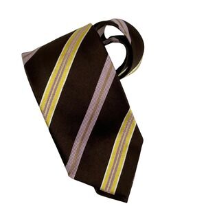 Ermenegildo Zegna Men's Necktie Tie 3 3/8" Silk Brown‎ Lavender Yellow Striped